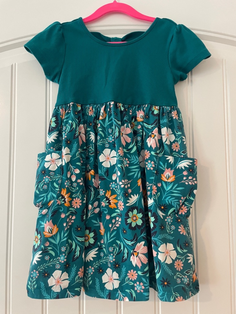 Girls Teal Floral Pocket Dress -Flapdoodles